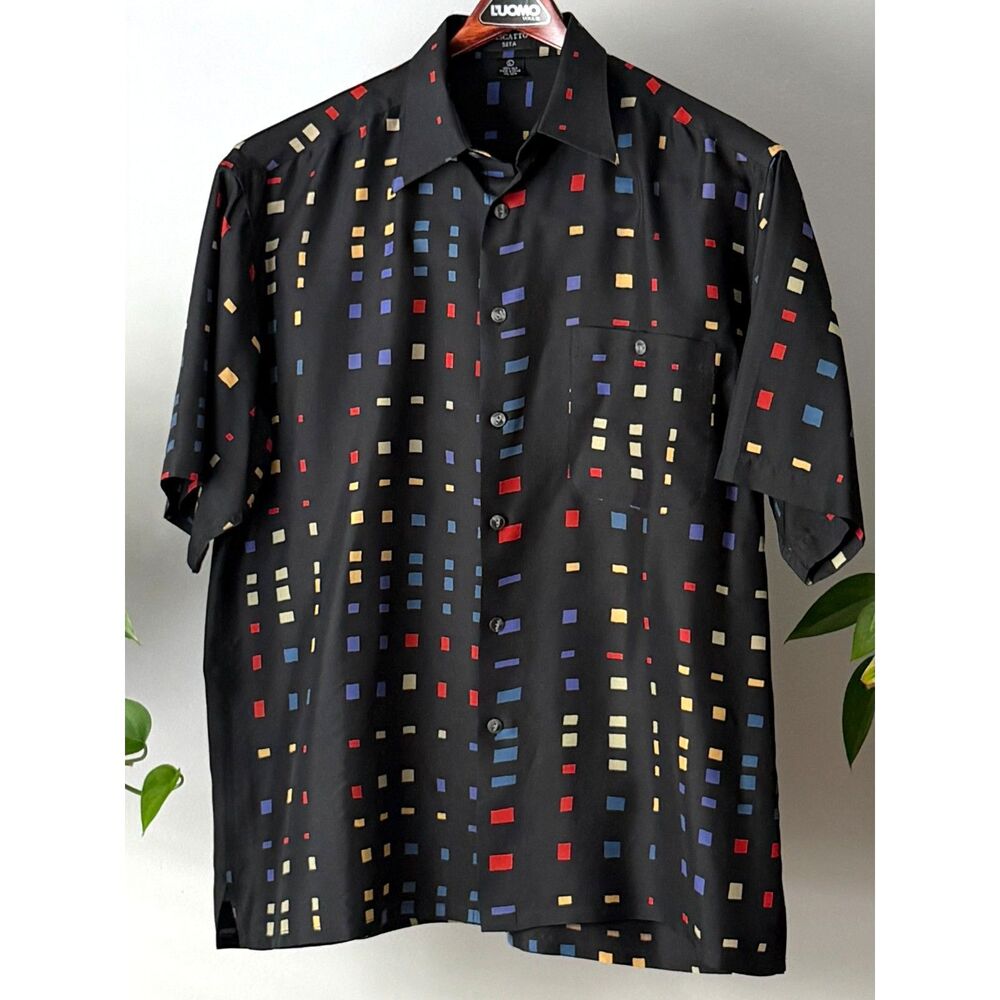 90's Retro Riscatto Men's 100% Silk Geometric Short Sleeve Button Up Size L